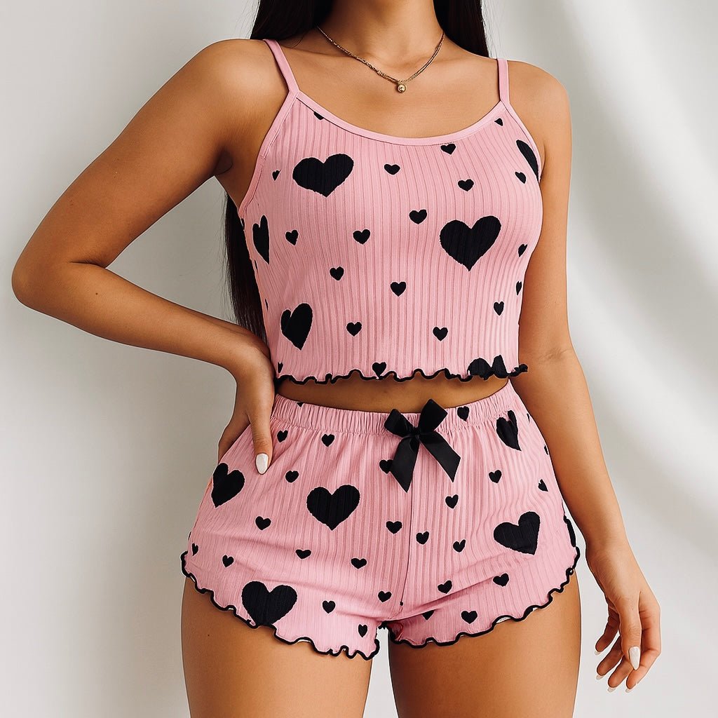 Women's Heart Print Ribbed Pajama Set - StopNshop