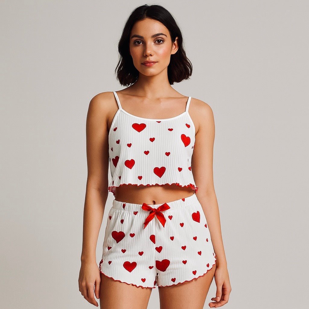 Women's Heart Print Ribbed Pajama Set - StopNshop